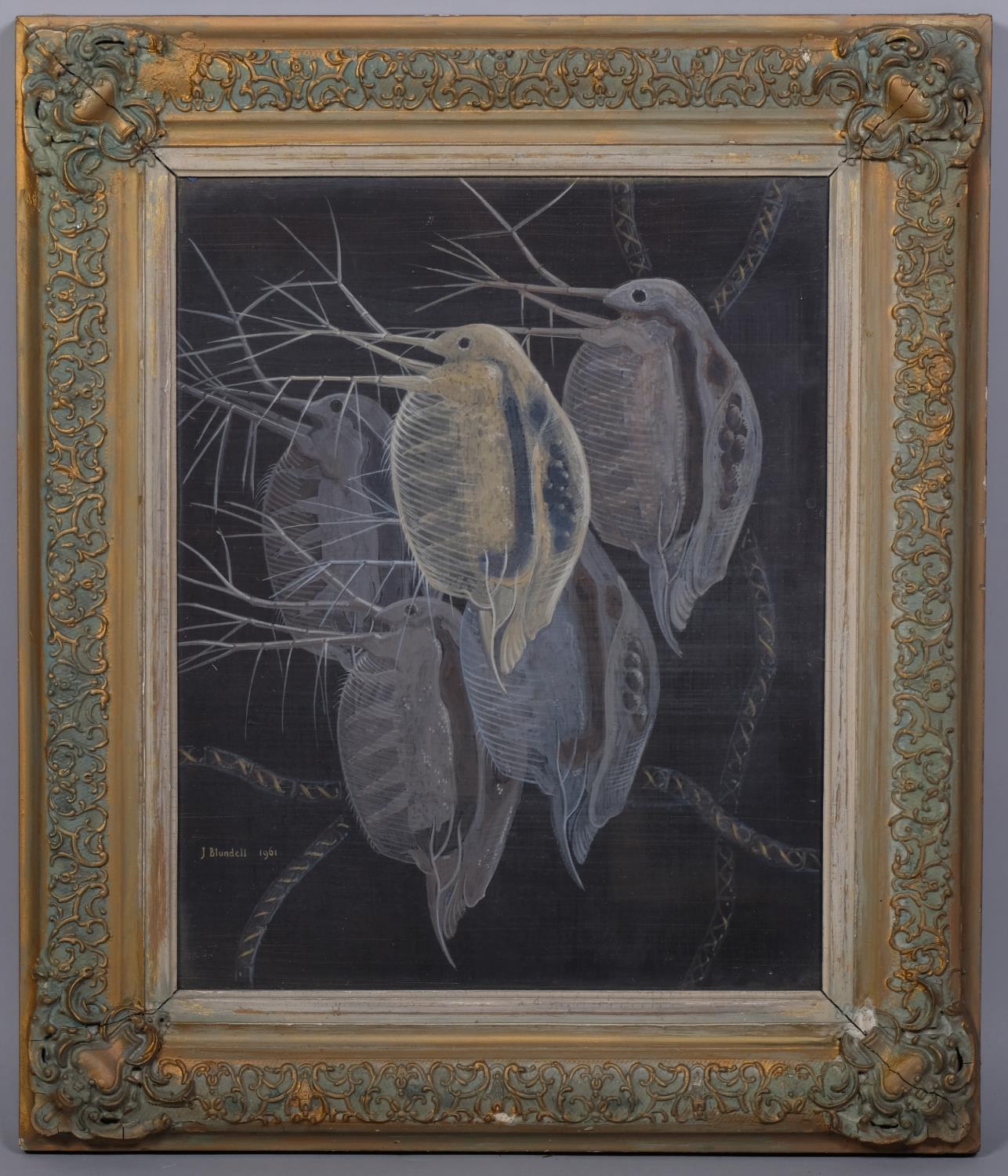 J Blundell, common sand flea, tempera on card, signed and dated 1961, 34cm x 27cm, framed Good