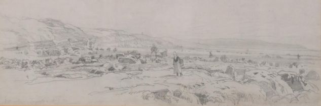 Henry Moore RA RWS (1831 - 1895), mussel gatherers, pencil sketch, 14cm x 40cm, framed Good