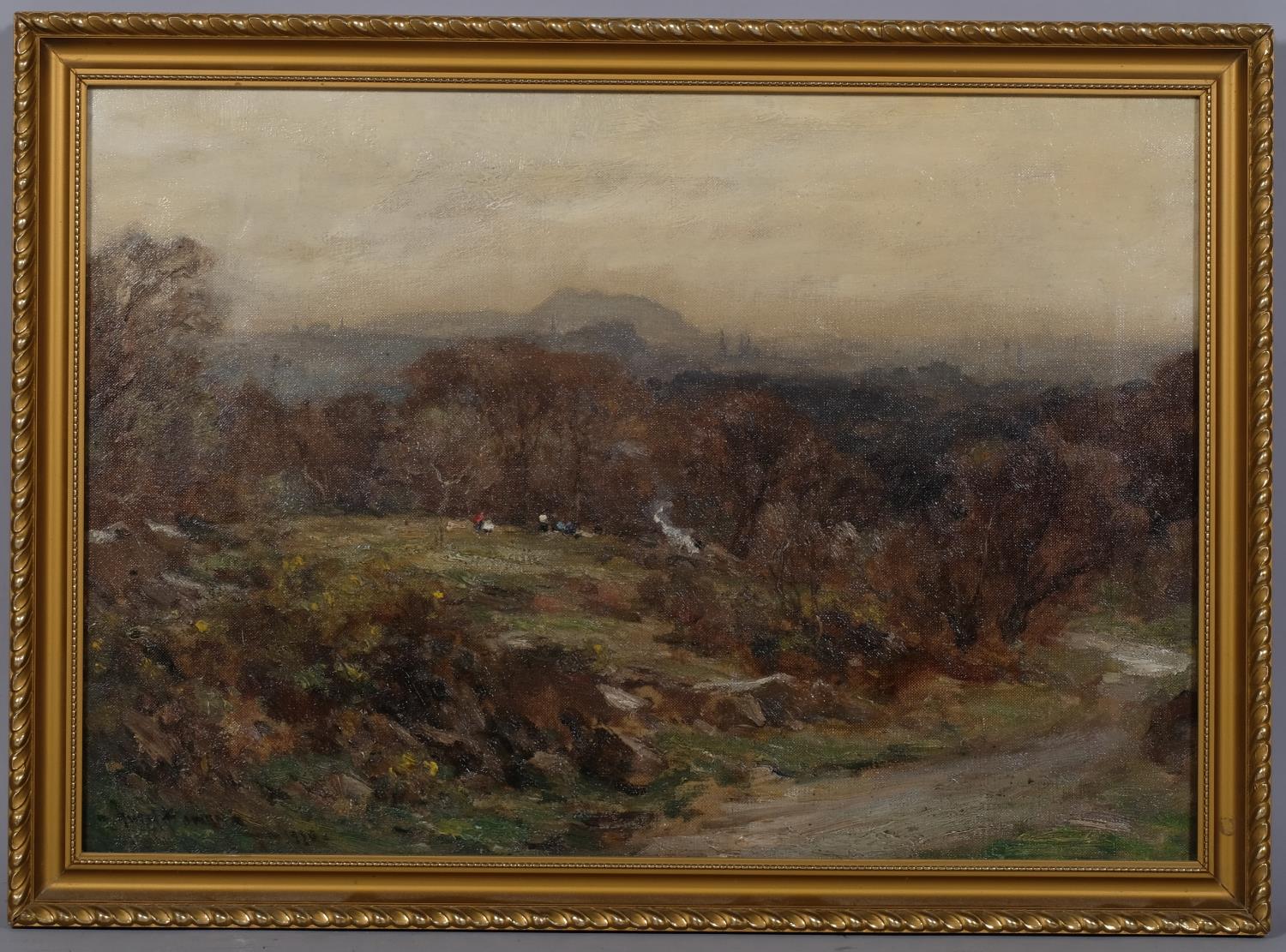 Owen Bowen ROI (1873 - 1967), landscape view towards Edinburgh, oil on canvas, signed, 35cm x