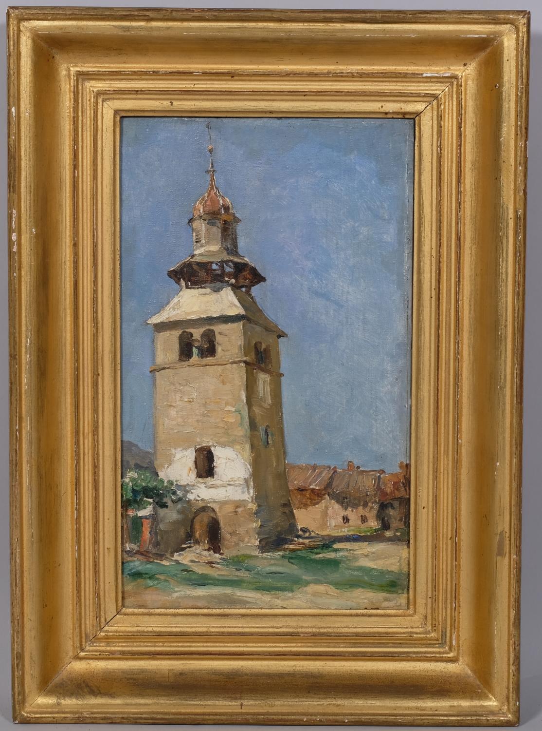 Mid-20th century French School, old bell tower, oil on board, indistinctly signed and inscribed