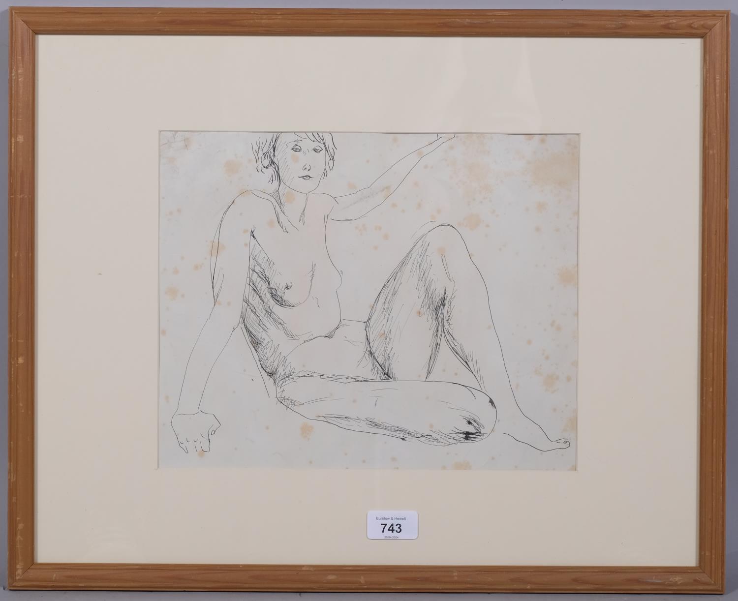 Attributed to Nina Hamnett (1890-1956), ink on paper, Nude, 25cm x 31cm, mounted, glazed and framed - Image 2 of 4