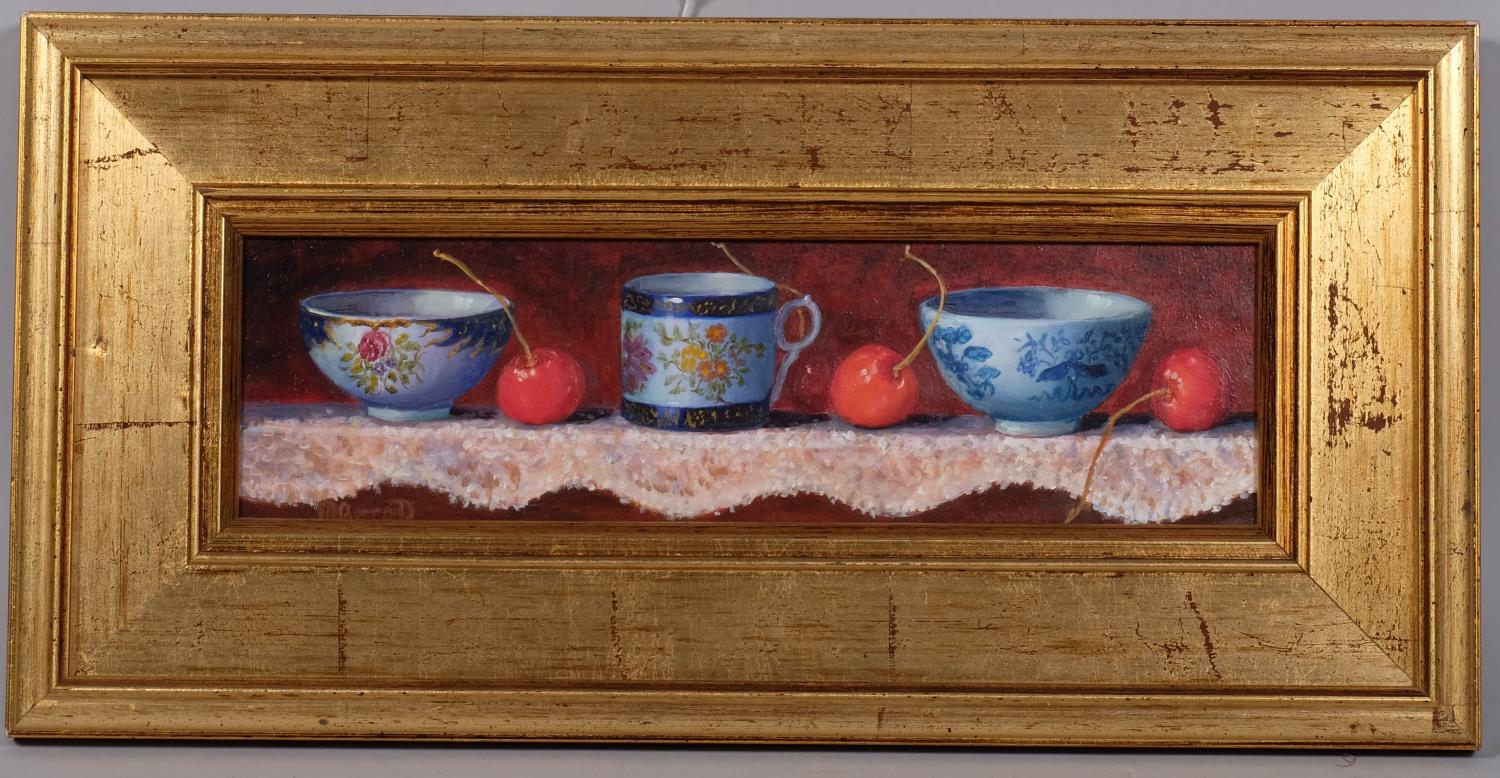Maimie Gerrard, still life, china and cherries, oil on board, signed, 8cm x 29cm, framed Very good