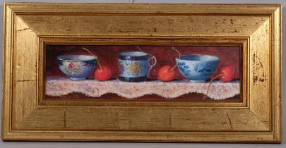 Maimie Gerrard, still life, china and cherries, oil on board, signed, 8cm x 29cm, framed Very good