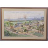 Extensive industrial scene, early to mid-20th century watercolour, indistinctly signed, 58cm x 90cm,
