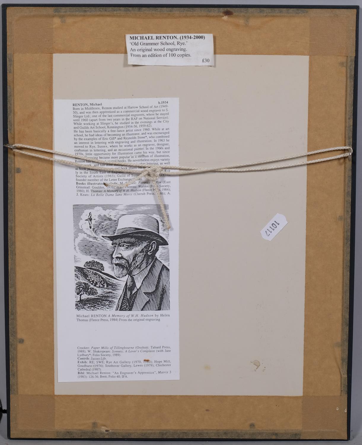 Michael Renton (1934 - 2000), Old Grammar School Rye, wood engraving, image 16cm x 10cm, framed Good - Image 4 of 4