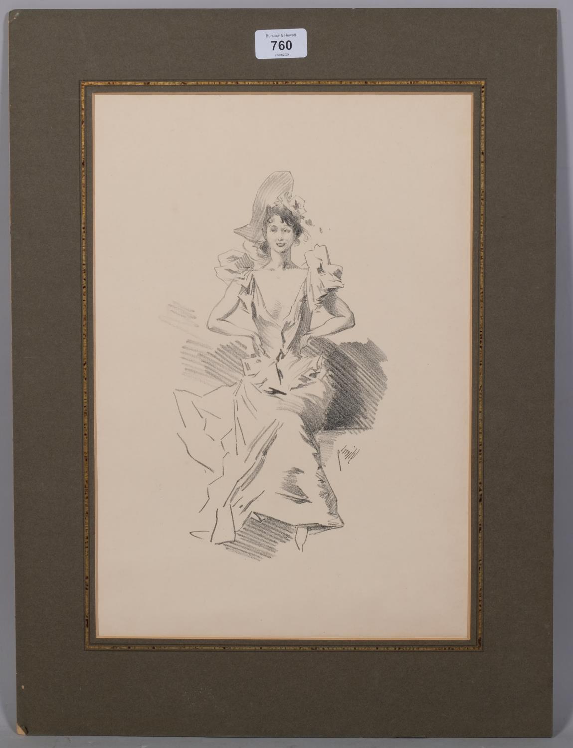 Jules Cheret (1836 - 1932), portrait of a woman, pencil on paper, signed, 41cm x 28cm, mounted - Image 2 of 4