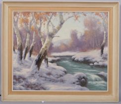 Winter woodland scene, mid-20th century oil on canvas, indistinctly signed, 51cm x 61cm, framed Good