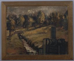 Stream and weir, mid-20th century oil on board, indistinctly signed, 32cm x 40cm, framed Good