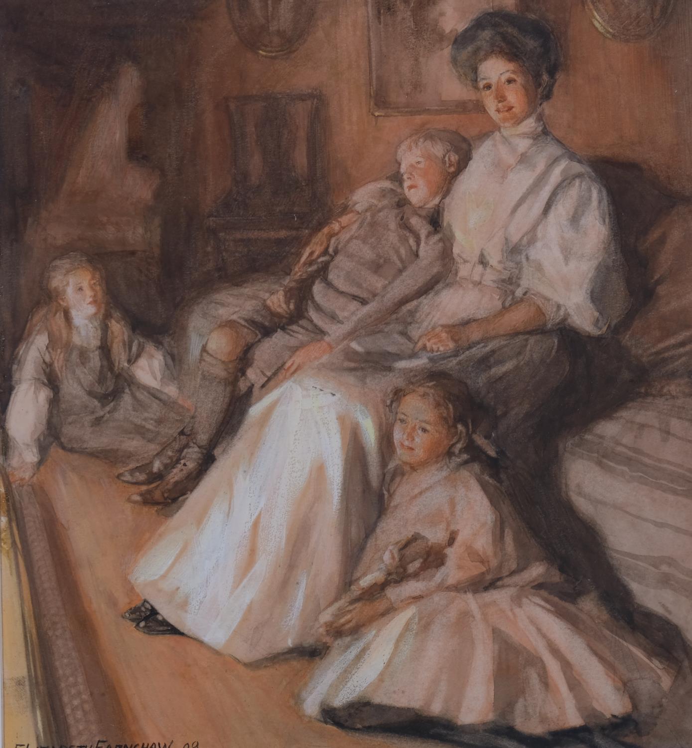 Elizabeth Earnshaw, firelight, watercolour, signed and dated 1908, exhibited at the Royal Academy