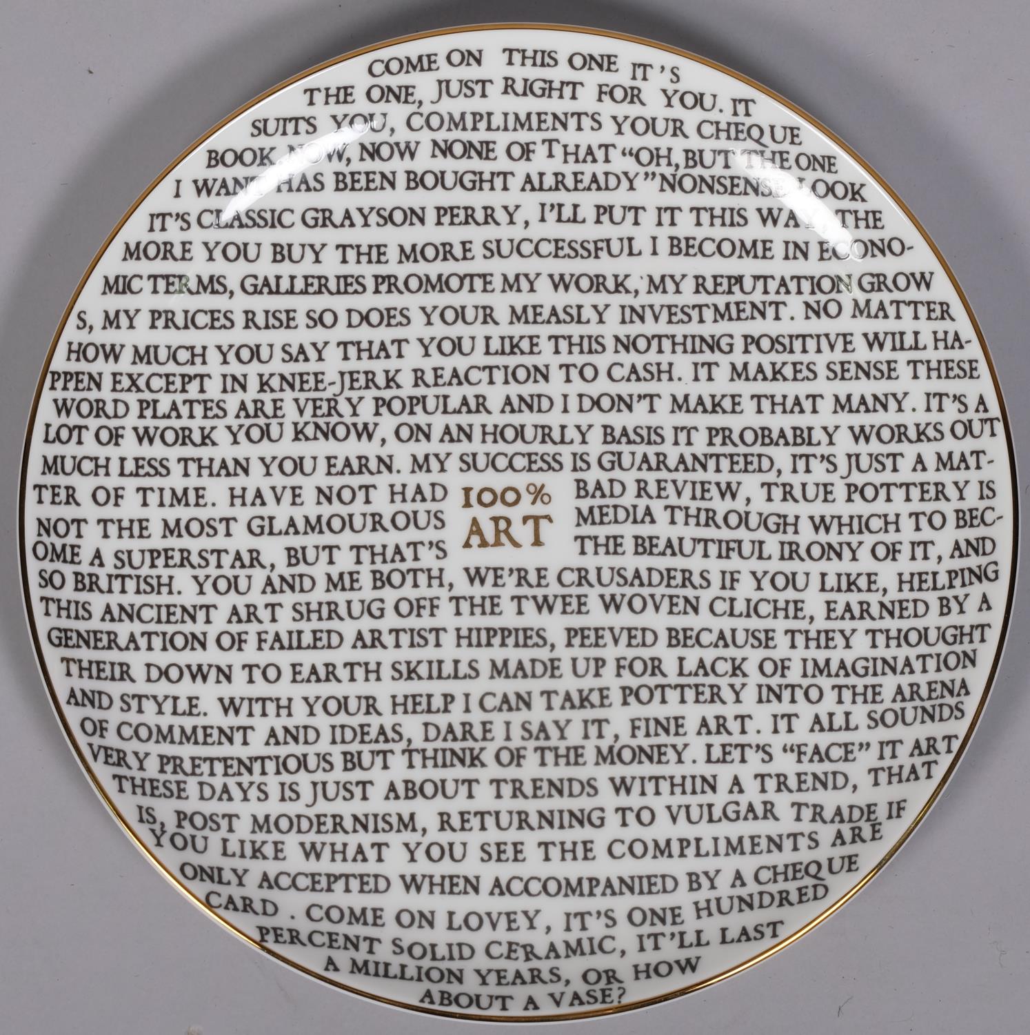 GRAYSON PERRY (b.1960), a 100% Art porcelain plate, 2020, from the edition of an unknown size,