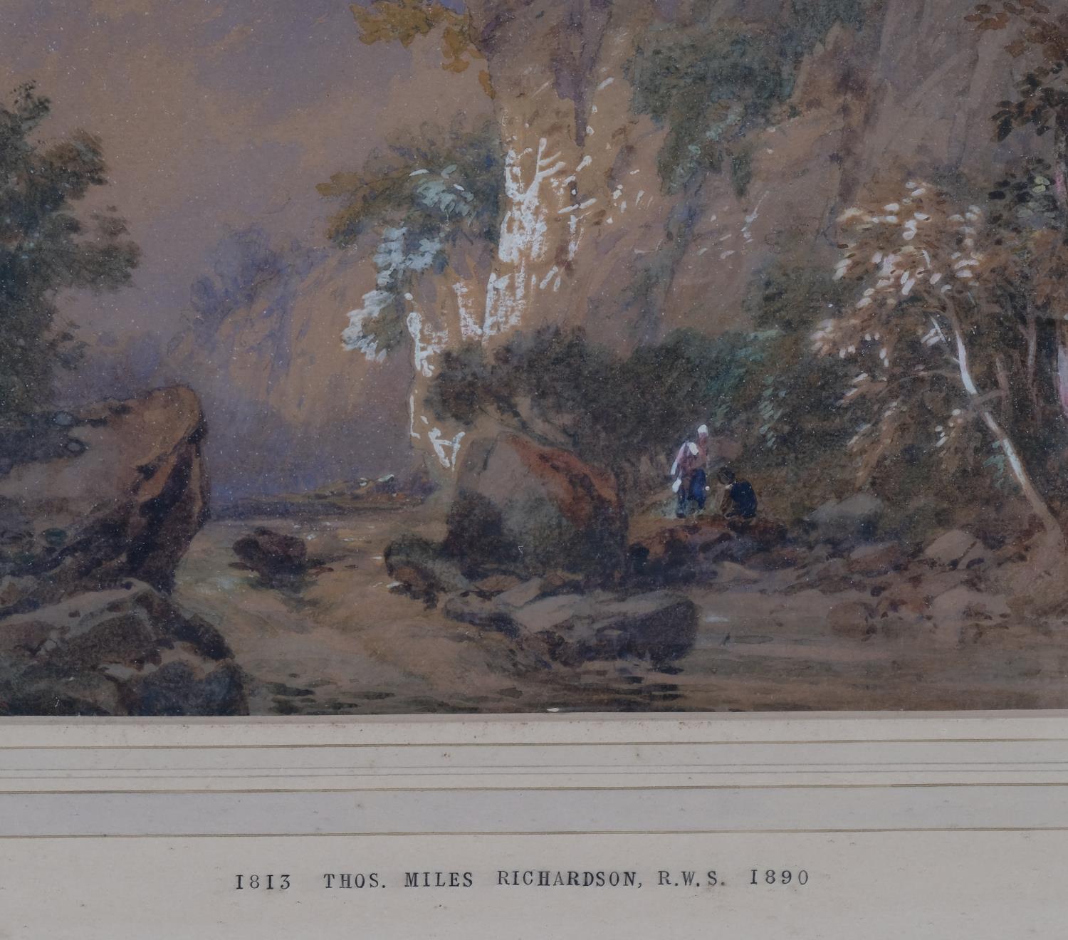 Thomas Miles Richardson, RWS (1813 - 1890), figures beside a stream, watercolour, signed with - Image 2 of 4