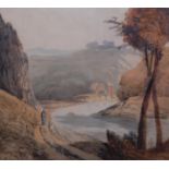 Nineteenth Century English School, watercolour on paper, River Landscape, 30cm x 33.5cm, mounted,