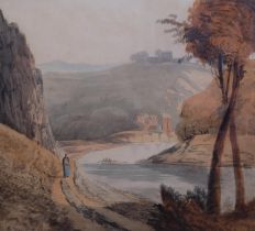 Nineteenth Century English School, watercolour on paper, River Landscape, 30cm x 33.5cm, mounted,