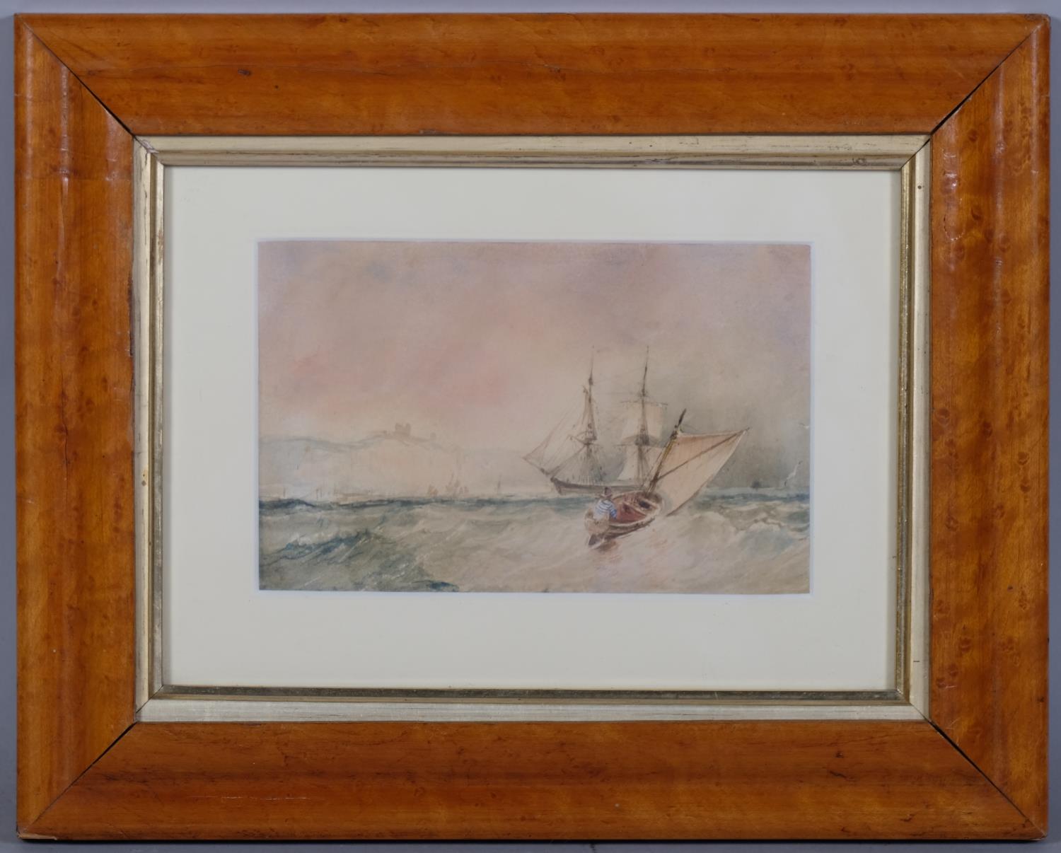 Shipping off the Dover coast, 19th century watercolour, unsigned, 10cm x 16cm, framed Good condition - Image 2 of 4