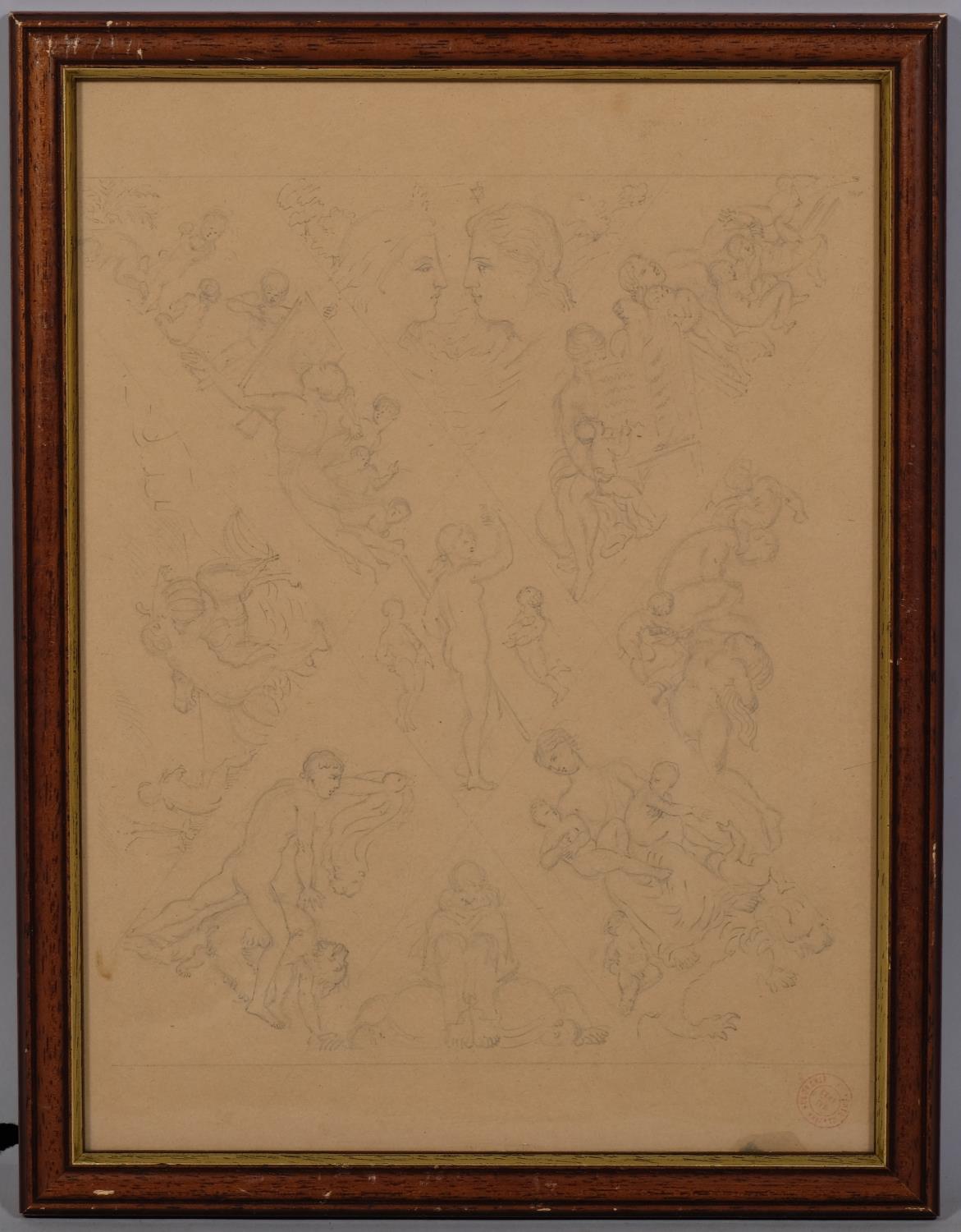 19th century French School, group of Classical figures studies for a mural, pencil on paper with
