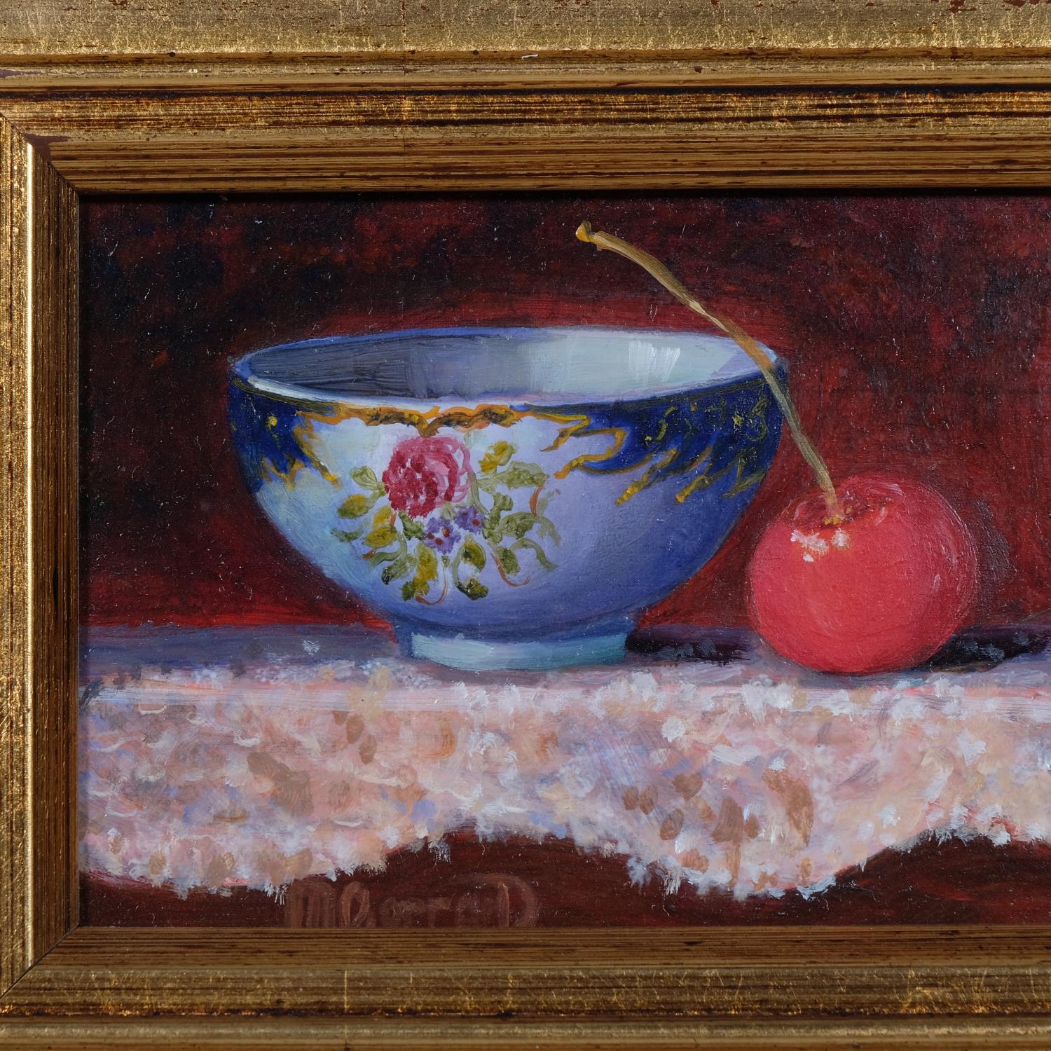 Maimie Gerrard, still life, china and cherries, oil on board, signed, 8cm x 29cm, framed Very good - Image 3 of 4
