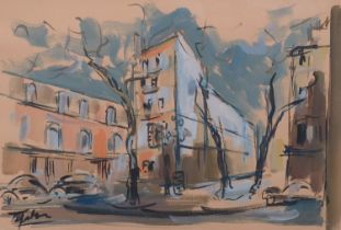 Mid-20th century Continental street scene, watercolour, indistinctly signed, 31cm x 46cm, framed