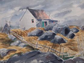Croft cottage in a storm, mid-20th century watercolour, indistinctly signed, 35cm x 45cm, framed