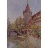 Conrad Carelli (1869 - 1956), Continental river scene, watercolour, signed, 26cm x 19cm, framed Good