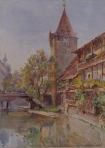 Conrad Carelli (1869 - 1956), Continental river scene, watercolour, signed, 26cm x 19cm, framed Good