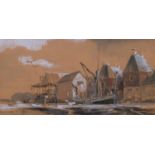 Ronald Dean, boatyard scene, watercolour, signed, 22cm x 42cm, framed Possibly slight paper