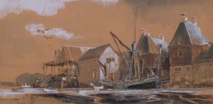 Ronald Dean, boatyard scene, watercolour, signed, 22cm x 42cm, framed Possibly slight paper