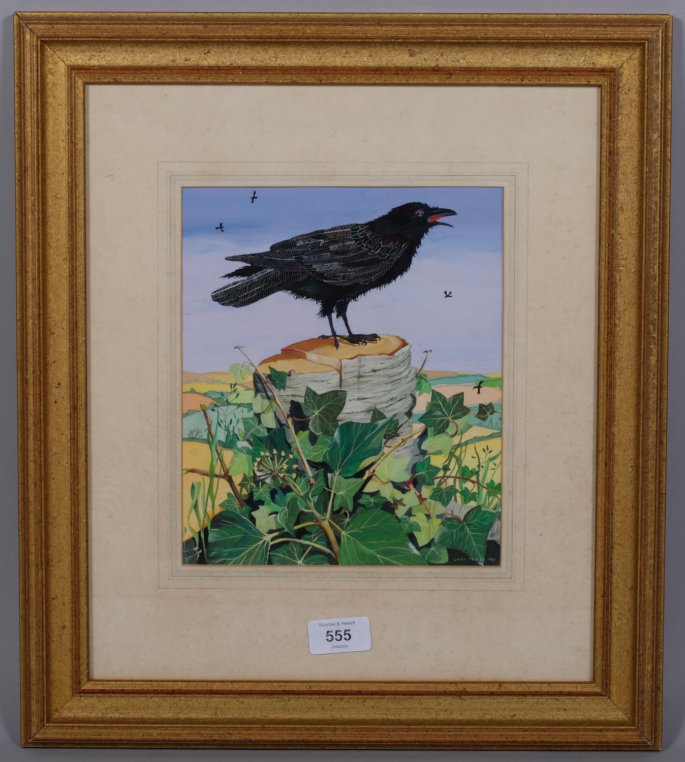 Linda Telfer, crow and ivy, gouache, signed and dated 1981, 23cm x 19cm, framed Image in good - Image 2 of 4