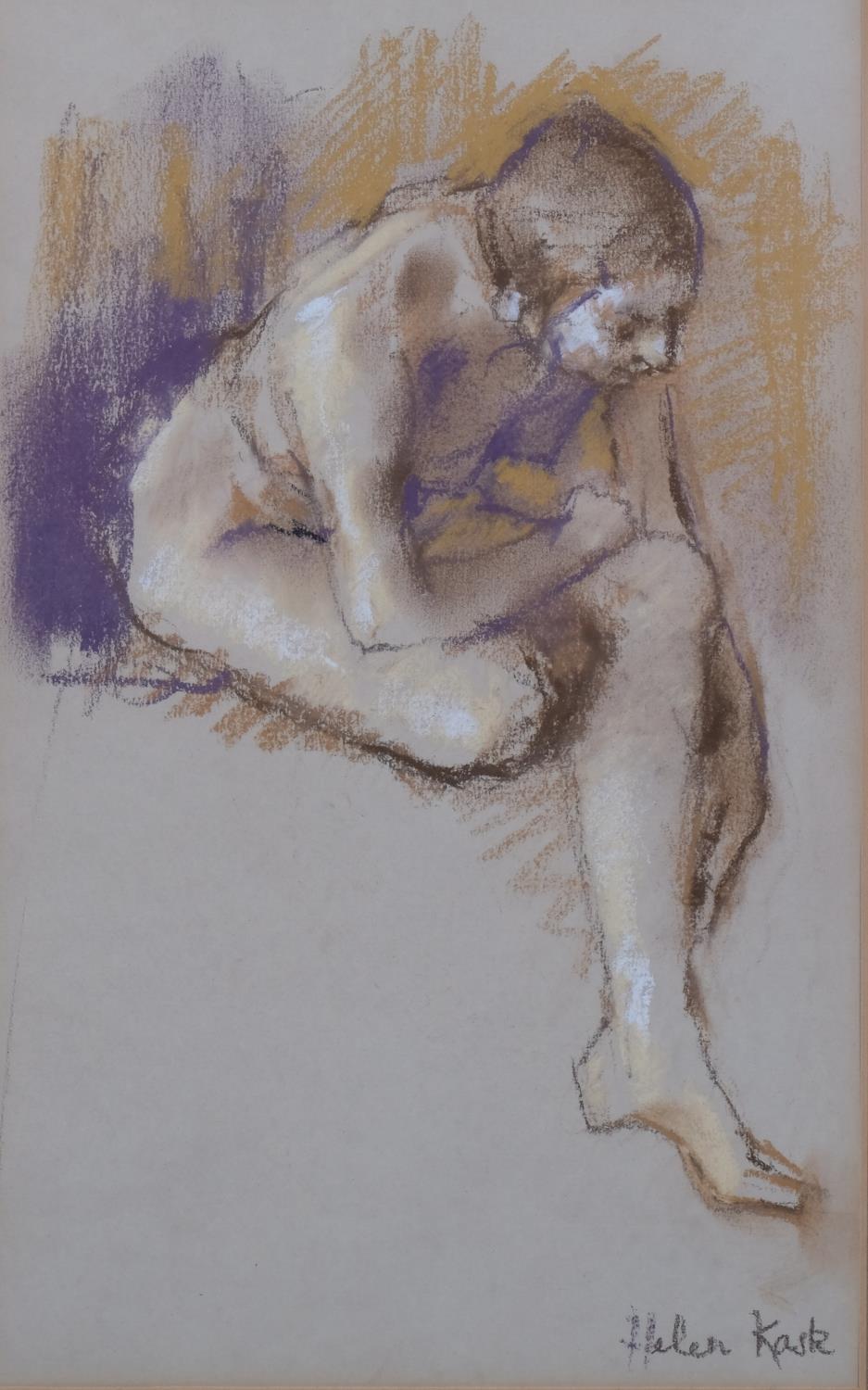 Helen Kask, nude life study, coloured pastels, signed, 28cm x 18cm, framed Good condition