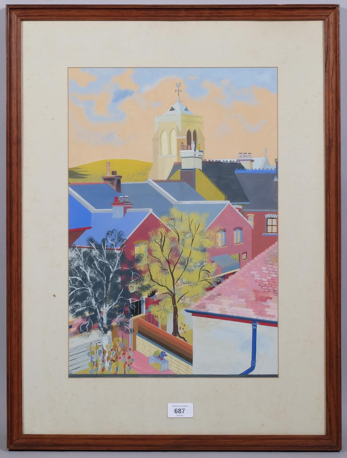 Modernist rooftops and church tower, mid-20th century gouache on paper, unsigned, 46cm x 31cm, - Image 2 of 4