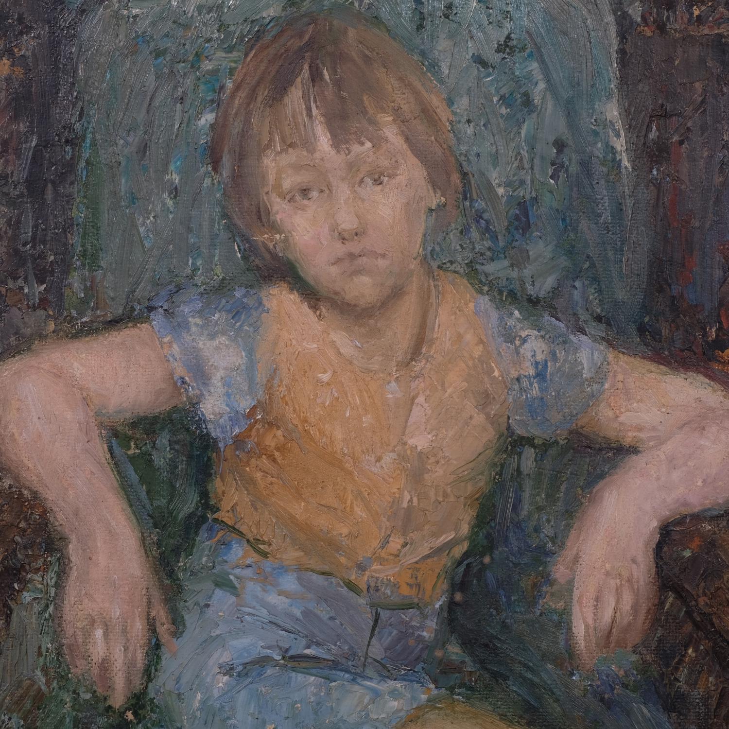 Portrait of a child in an armchair, mid-20th century oil on board, unsigned, 60cm x 60cm, unframed - Image 2 of 4