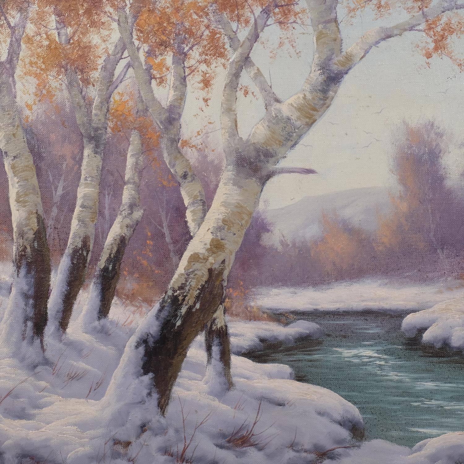 Winter woodland scene, mid-20th century oil on canvas, indistinctly signed, 51cm x 61cm, framed Good - Image 2 of 4