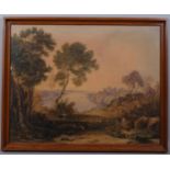 19th century English School, castle ruins in extensive river landscape, watercolour, unsigned,