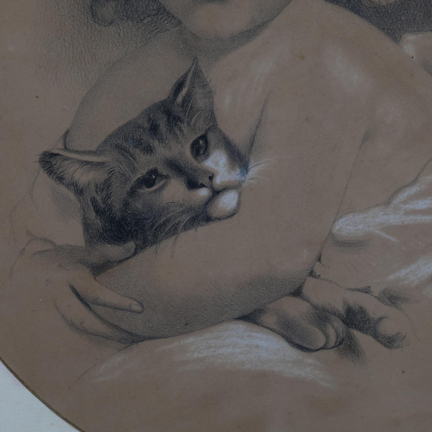 Portrait of a girl with a cat, 19th century charcoal/chalk, unsigned, 40cm x 33cm, framed Even paper - Image 3 of 4