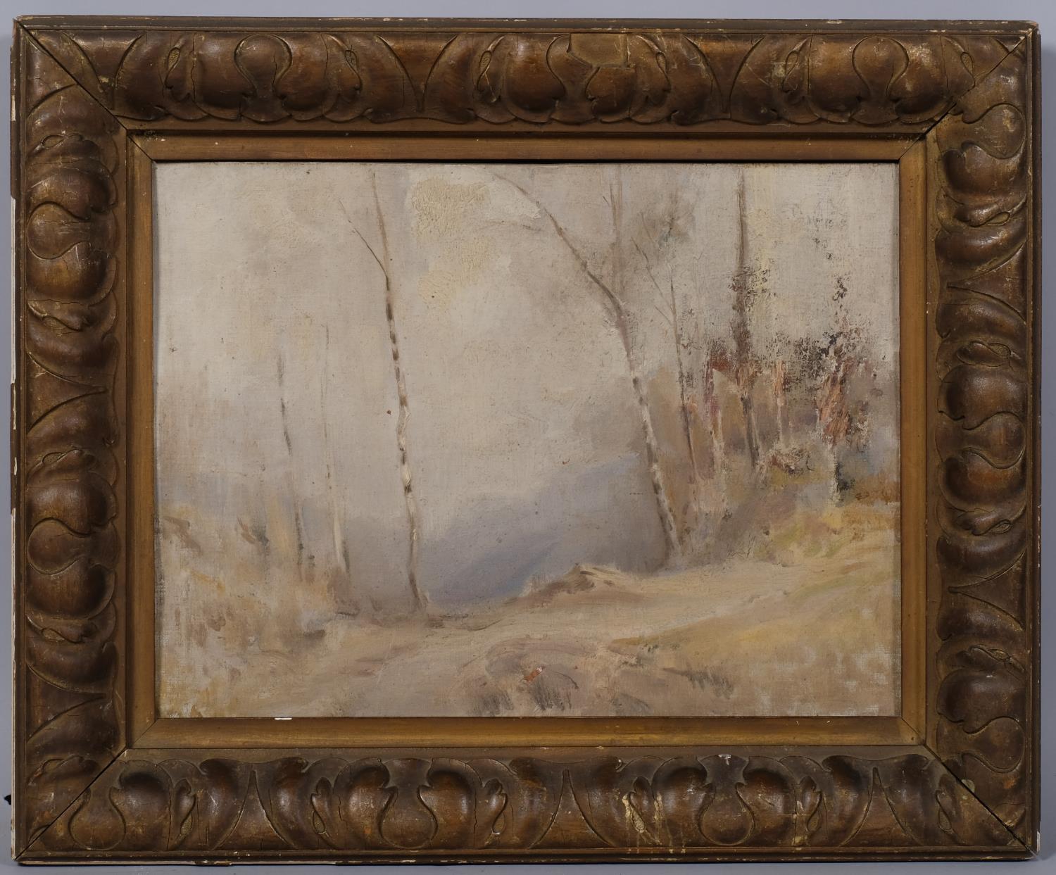 Impressionist woodland scene, mid-20th century oil on board, unsigned, 28cm x 39cm, framed Board
