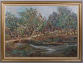 Russell Taylor, woodland stream, oil on canvas, signed and dated '80, 68cm x 96cm, framed Good