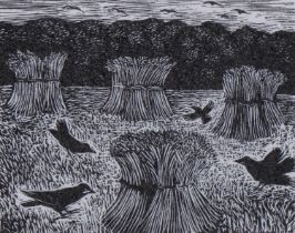 Reynolds Stone (1909-1979), limited edition wood engraving on paper, Rooks, from A Shepherds Life,