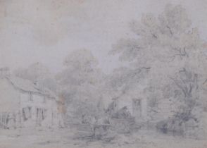 Follower of Thomas Gainsborough, farmyard scene, pencil sketch, unsigned, 19cm x 27cm, framed