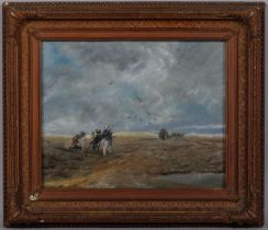 Manner of David Cox, travellers in stormy landscape, 19th century coloured pastels, unsigned, 20cm x