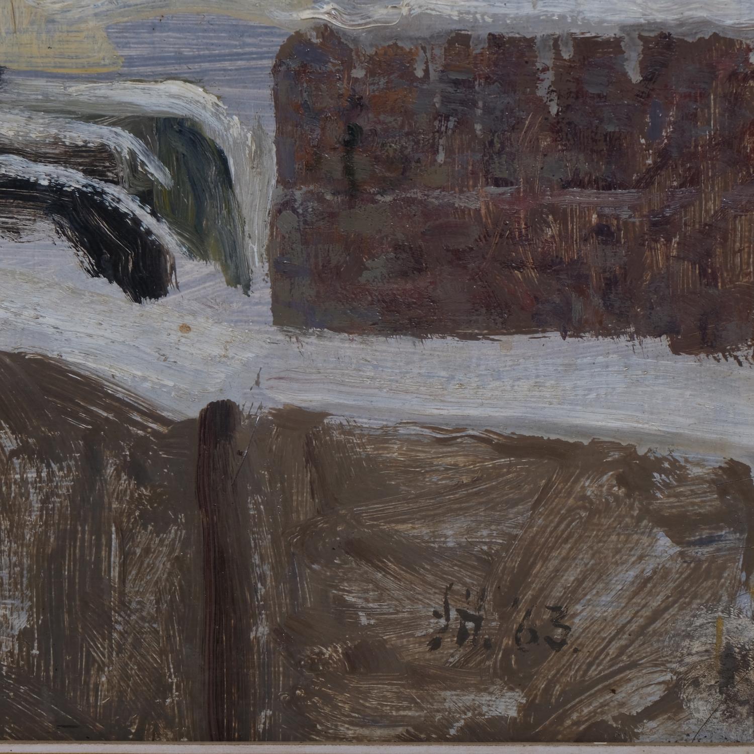 Winter street scene, mid-20th century oil on board, signed with monogram, dated '63, 61cm x 74cm, - Image 3 of 4