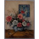 Frank Potter, still life roses and Persian tile, oil on canvas, signed, 66cm x 51cm, unframed Good