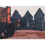 Henry John Jackson, net huts, colour linocut print, signed in pencil, 1971, no. 7/50, image 40cm x