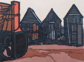 Henry John Jackson, net huts, colour linocut print, signed in pencil, 1971, no. 7/50, image 40cm x