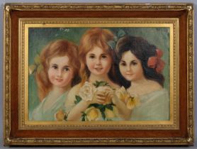 Portrait of 3 children, contemporary oil on board, 36cm x 52cm, framed Good condition