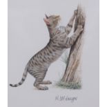 M.McGregor (XX-XXI), signed print on paper, Tabby Cat Scratching Tree, signed in ink, 10cm x 9cm,