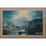 Donald Ayres (born 1936), moonlit Cornish harbour scene, oil on board, signed, 40cm x 65cm, framed