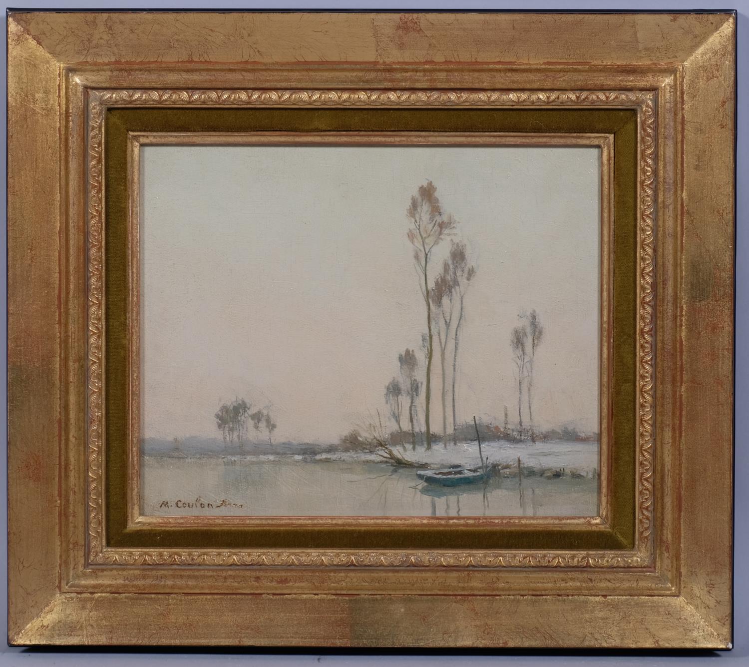 Marie Coulon Serra, Continental river scene, oil on board, signed, 21cm x 26cm, framed Good
