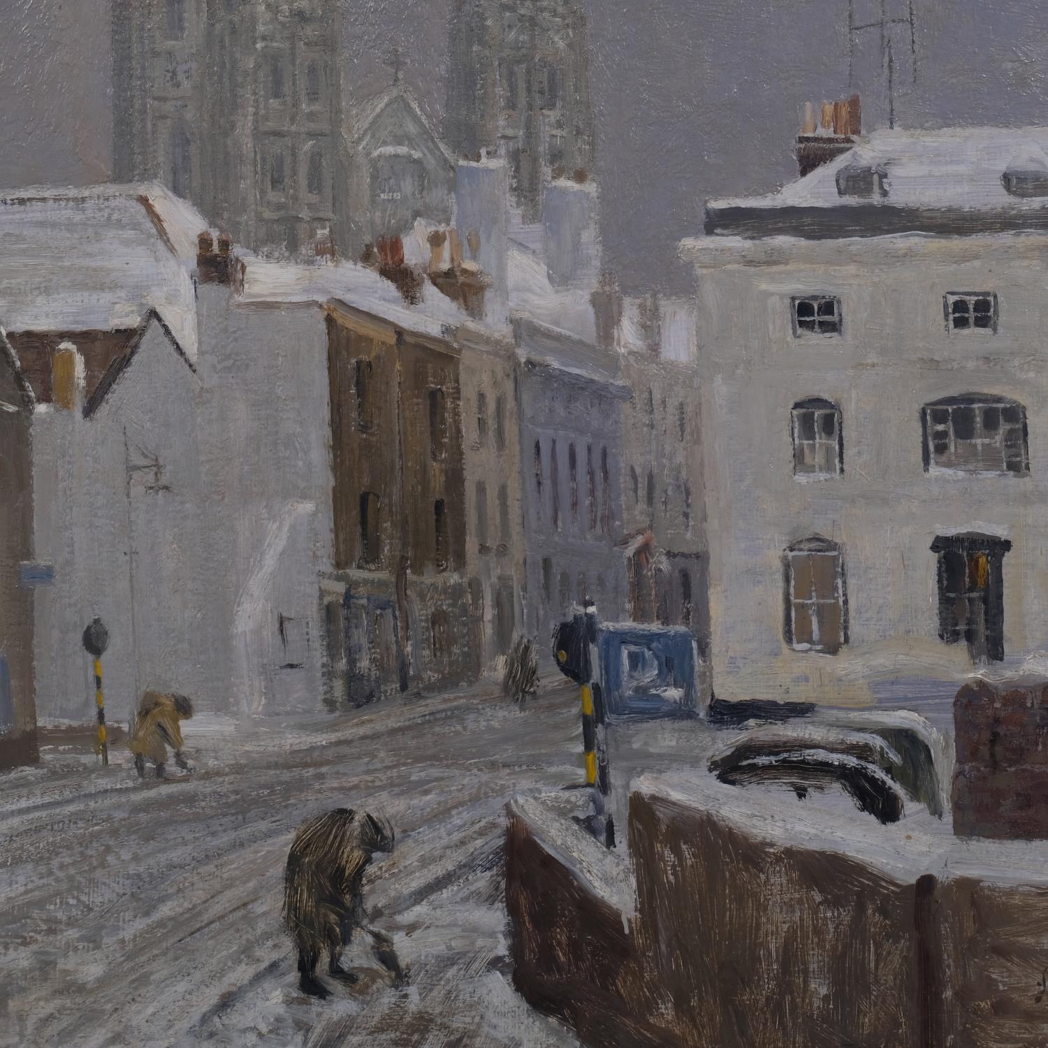 Winter street scene, mid-20th century oil on board, signed with monogram, dated '63, 61cm x 74cm, - Image 2 of 4