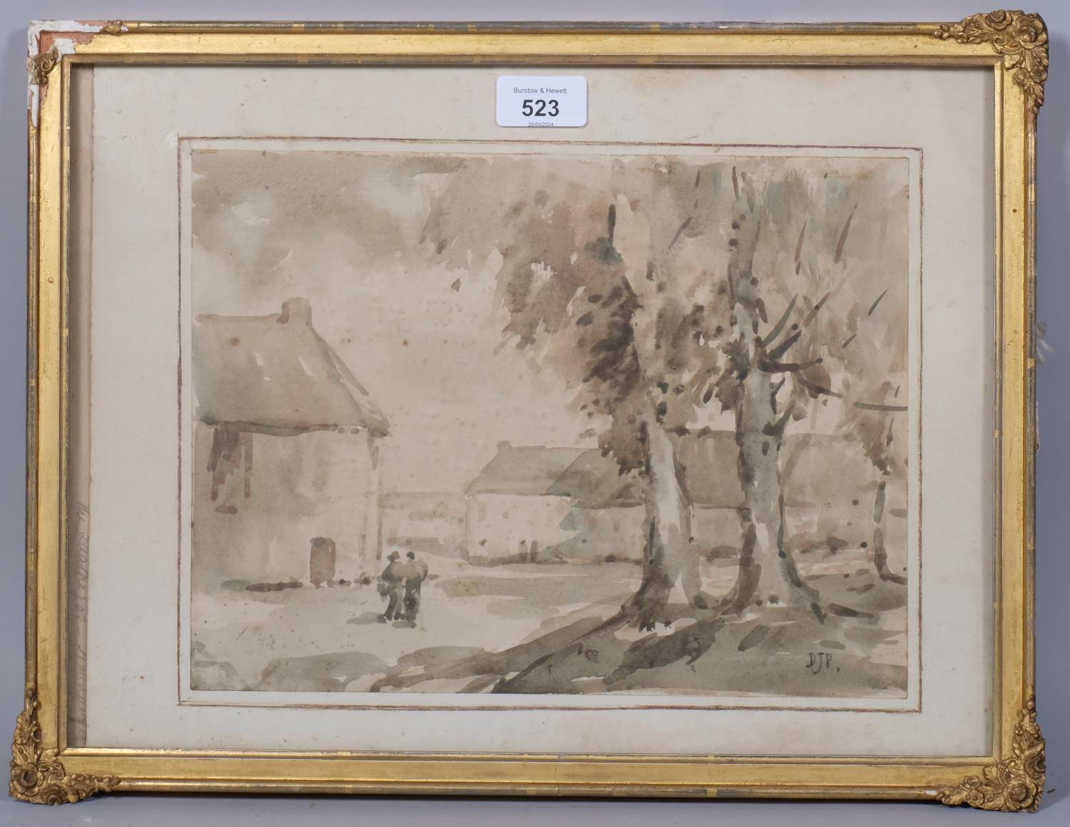 Figures near farm buildings, early 20th century watercolour, signed with monogram DJP, 22cm x