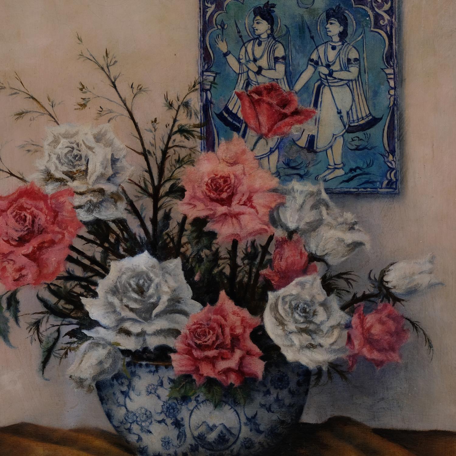 Frank Potter, still life roses and Persian tile, oil on canvas, signed, 66cm x 51cm, unframed Good - Image 2 of 4