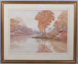 T Kobayashi, Japanese river landscape, watercolour, signed, 49cm x 65cm, framed Good condition,
